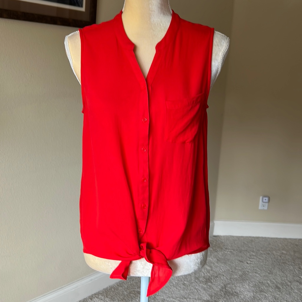 Joie Silk Red Button Down Top With Front Knot Tie, Sz S